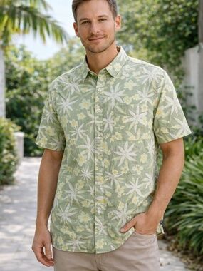 Patagonia Organic Cotton Floral Button Down Shirt Size L Green Tropical Print